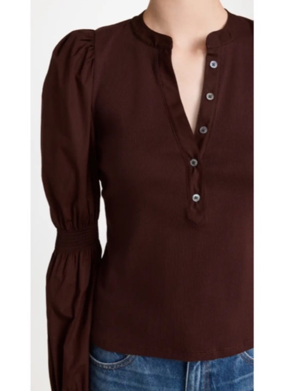 Veronica Beard Effy Top Size Small Oxblood Poet Sleeve Puff Sleeve Ribbed Henley - Picture 4 of 14